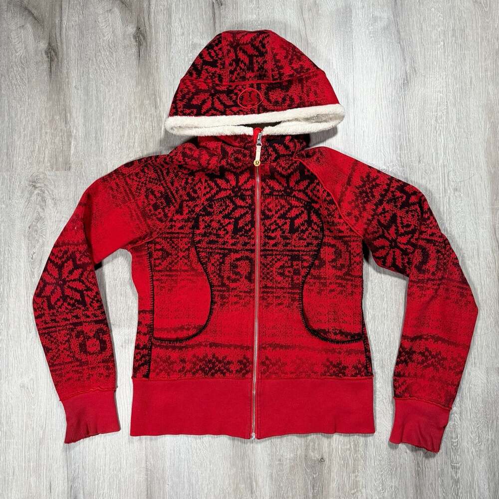 Womens Lululemon Special Edition Scuba Full Zip Hoodie Red Sherpa Lining Size 8